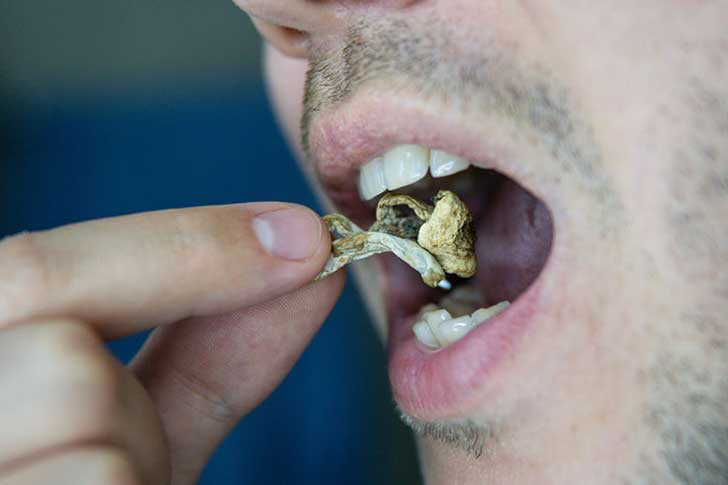 A man takes psilocybin mushrooms